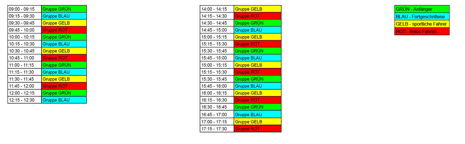 Zeitplan und Gruppenübersicht für Kurventrainings der Fahrschule Team Neumann in 29633 Munster